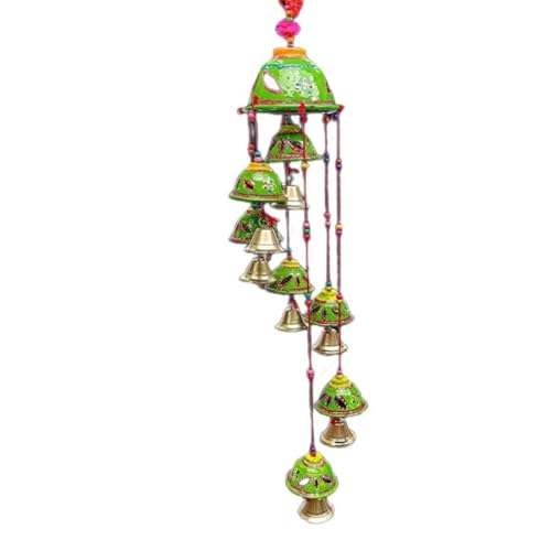 Image of Bindian Rajasthani Handcrafted 8-Bell Hanging Windchimes | Traditional Plastic Latkan for Home Decor, Vastu & Positive Energy | Elegant Wall Hanging for Balcony, Living Room (Green-1)