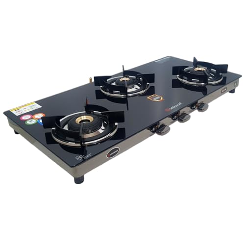 Image of Unicook Ultra Slim 3 Burner Gas Stove | Auto Ignition | Forged Brass Burners | 6mm Glass Cooktop | ISI Certified | 3 Years Warranty on Glass & Burners + 2 Year Comprehensive Warranty