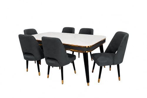 Image of WOODEN SPACE 6-Seater Wooden Dining Table Set | Nano Composite Marble Top | Solid Wood Base | Modern Dining Room Furniture with 6 Chairs (Dark Grey Vintage)