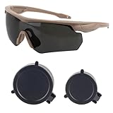 ToopMount Sportbrille und aufklappbare Linsenabdeckungen, Schießbrille mit khakifarbenem Rahmen, 3 Wechselgläsern und aufklappbarem Okularschutz