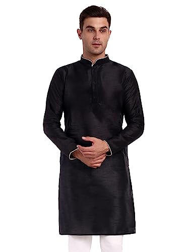 SKAVIJ Men's Art Silk Woven Design Long Kurta Mandarin Collar Straight Shirt