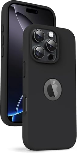 Image of Elzzi Microfiber Logo Cover Compatible for iPhone 16 Pro Max Case Liquid Silicone Cases Full Body 4 Layer Protective Covers Shockproof Back Cover (Black)