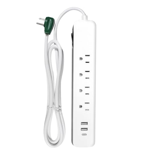 Go Green Power Inc. 6-ft Cord Surge Protector with 4 Outlets, USB-A and USB-C, 450 Joules - Compact, Heavy Duty, Circuit Breaker - Ideal for Home & Office - GG-1462USBC