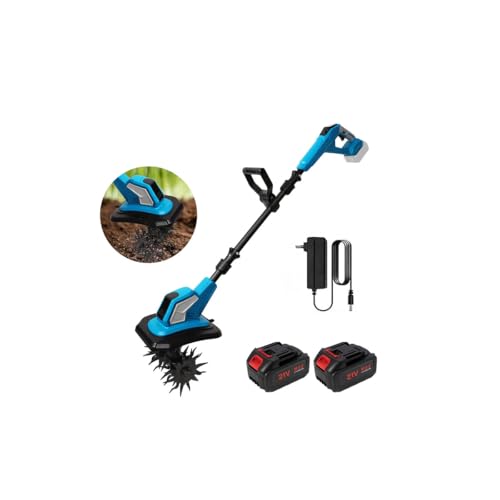 Motoazada Electrica 600W,21V Motoazada Bateria,24 cm de Ancho y 17 cm De Profundidad,Barra Regulable Desmontable,Rodillo Doble 4 Cuchillas,Velocidad de 360 RPM,para Huertos y Patios (2 Batería)
