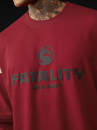 Image of The Souled Store Mortal Kombat: Fatality Men and Boys Long Sleeves Round Neck Red Graphic Printed Casual Lightweight Drop Shoulder Streetwear Trendy Oversized Full Sleeve T-Shirts
