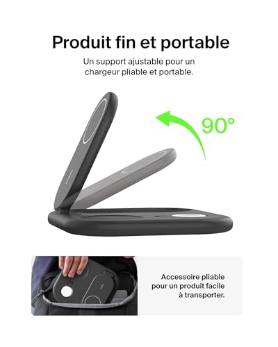 Belkin BoostCharge Socle de Recharge 3-en-1 aimanté et Pliable Qi2, 15 W, Compatible MagSafe, pour iPhone 17, iPhone Air, Pixelsnap, Apple Watch, AirPods, Adaptateur Secteur Inclus - Noir