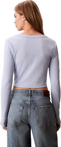 Calvin Klein Damen Strickjacke Cardigan Woven Label Rib mit Knopfleiste, Blau (Breezy Blue), L – Ansicht 3