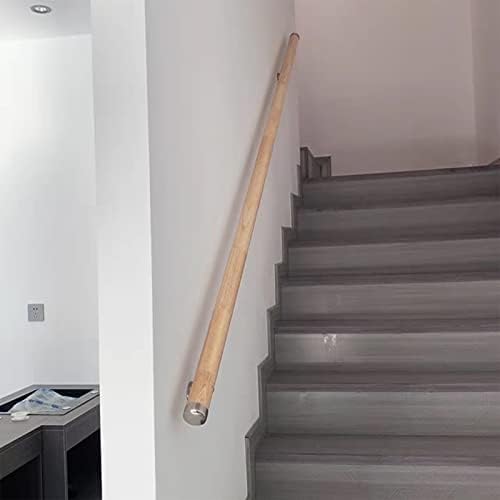 Non-Slip Wooden Stair Rails Kit (50-400cm) - Indoor Support Rod for Safety, Perfect for Elderly & Children, Loft Banister with Metal Bracket & End Caps