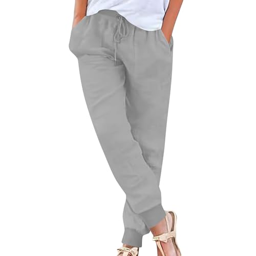 Cotton Linen Pants Women Drawstring High Waisted Tapered Joggers Pants Baggy Beach Travel Cinch Bottom Slacks Pockets