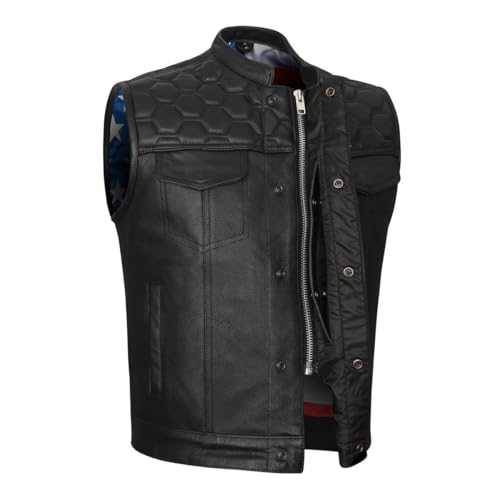 Mens Old Glory Leather Motorcycle Vest with Dual Conceal Carry Pockets, SOA Biker Club Vest with American Flag Liner, Honeycomb Padding (Black, X-Large)