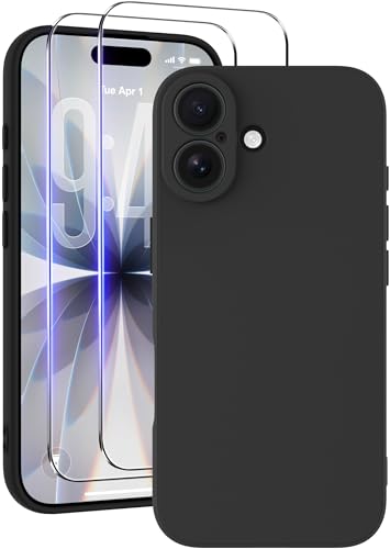 Qasyfanc Coque pour iPhone 17 avec 2 Pieces Verres Trempés, Étui en Silicone avec Doublure en Microfibre Souple,Étui Protection Complète Cover Antichoc,Noir
