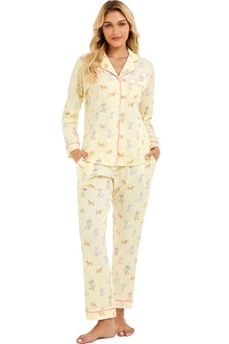 Image of LUBOT 100% Cotton Pajamas for Women Pajama Set 2 Piece PJ Sleepwear Set Soft Ladies Button Knit Long Sleeve Loungewear XS-XXL