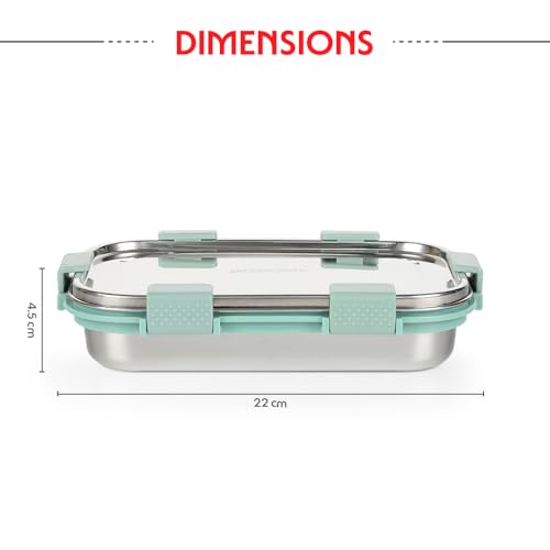Image of Borosil Stainless Steel Slim Lunch Box | 700 ml + 125 ml Container Set | Airtight, Leakproof, Dishwasher Safe | Portable Kids Tiffin | 1 Year Warranty (Green)
