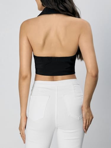 Verdusa Women's Notch Neck Backless Asymmetrical Hem Button Front Crop Blazer Vests2