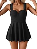 B2prity Women One Piece Swimdress Tummy Control Ruched Swimsuit V Neck Bathing Suit Scalloped Swim...