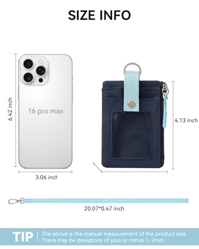 Image of BOSTANTEN Small Wallet RFID, Minimalist Zip ID Case Wallet with Lanyard Keychain, Water Resistant Card Wallets for women & Men, Navy Blue and Sky Blue