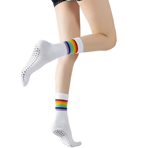 Image of Verdancy Yoga Pilates Socks with Grips for Women Striped Cushioned Non Slip Crew Socks for Barre Ballet Dance