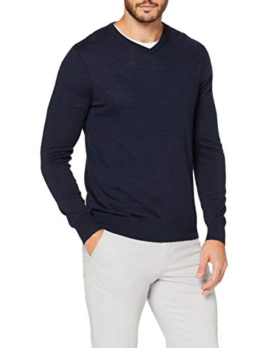 Meraki Men's Fine Knit, Merino Wool, Slim Fit, V-Neck Sweater, Blue (Navy), Small