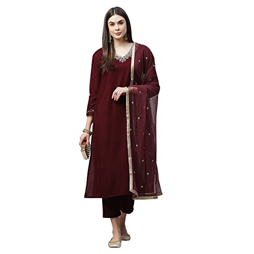 Image of Divena Maroon Velvet hand work Kurta pant With Net Dupatta set