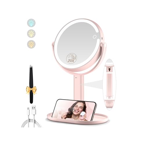 MOMOKUBA Kosmetikspiegel mit Beleuchtung, Vergrößerungsspiegel mit Licht 20fach, Kosmetikspiegel mit Vergrößerung 7", Doppelseitig 3 Farben 64 Led, Schminkspiegel mit Beleuchtung 360° Drehbar, Rosa 1