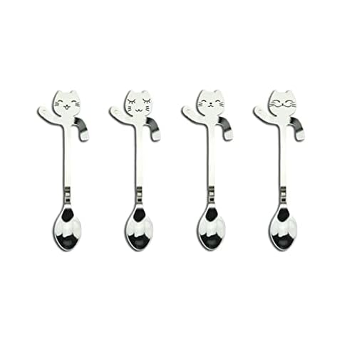 Cat Spoons Coffee Tea Spoon Hanging Cup Teaspoons Silver Cat Coffee Spoon Long Handle Teaspoon Cat Coffee Spoons Set Stainless Steel for Water Tea Milk Coffee Dessert Drinks Mixed Milkshake(4pc) Cover