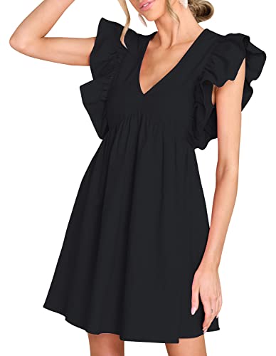 FANCYINN Women's Summer Casual Babydoll Mini Dress Ruffle Sleeveless Deep V Neck High Waist Swing Tunic Dress with Pockets