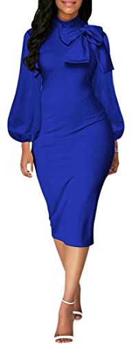 Image of Sexy Long Sleeve Dress for Women Solid Color Bow Knot Turtleneck Formal Gown Midi Casual Church Dresses
