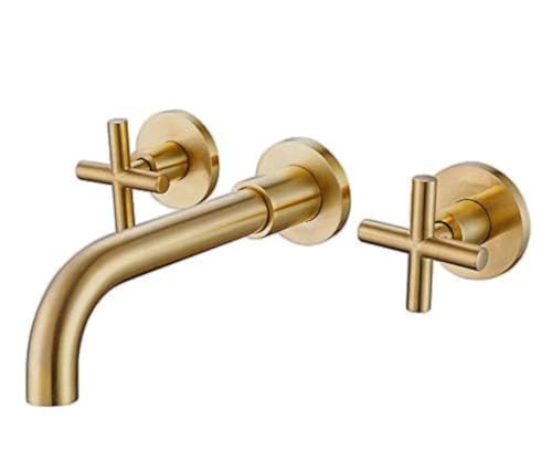 Recopilación de Lavabos de montaje en pared los 10 mejores. 42 DEOLER llave de baño dorado cepillado, montaje en pared, doble asa cruzada, boquilla giratoria de 360 grados, latón macizo con válvula rugosa