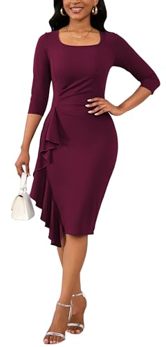 Image of Womens 1950s Vintage Bodycon Dress 3 /4 Sleeve Square Neck Cocktail Pencil Sheath Midi Dress Elegant