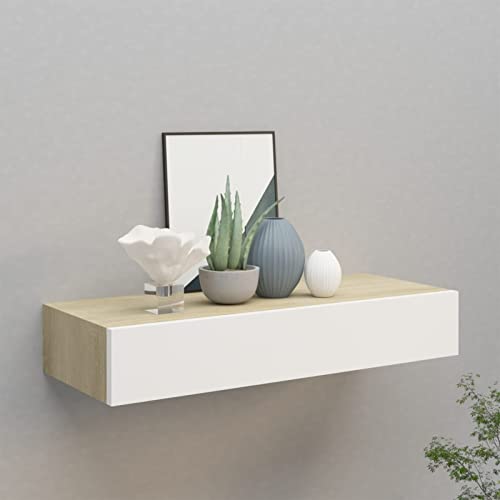 Estantería de pared para cajones de madera de roble y blanco, 60 x 23,5 x 10 cm, MDF flotante, estantería de pared, estantes de almacenamiento, mesita de noche para sala de estar, dormitorio