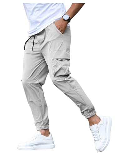 OYOANGLE Men's Drawstring Waist Cuffed Cargo Pants Casual Solid Joggers with Pocket
