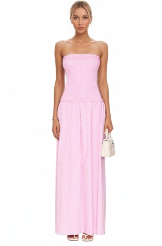 Image of Women Strapless Smocked Flowy Swing Boho Maxi Dress Tube Top Beach Dress | Smocked Bodice Flowy A Line Beach Dress with Pocket Casual Vacation Beach Wedding Guest Dress Off Shoulder Boho Dresses