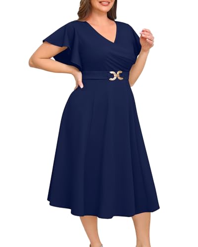Pinup Fashion Women Plus Size Dresses for Wedding Guest - Cocktail Semi Formal A-Line Midi Dress with Pockets3