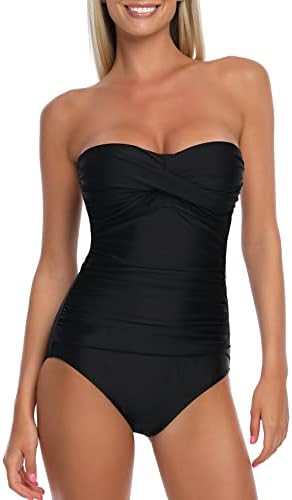 RELLECIGA Women's Black Ruched Neck Halter Twist Bandeau One Piece Swimwear Bathing Suits Size Medium
