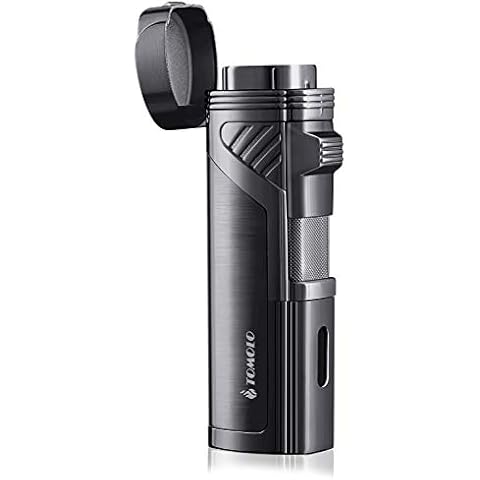 TOMOLO Torch Lighter Quadruple 4 Jet Flame Refillable Butane Cigar Lighter with Cigar Punch,Gift Box(Gunmetal) Cover