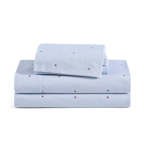 Image of Tommy Hilfiger - King Size Sheet Set, Soft Cotton Percale Bedding with Crisp Cooling Comfort, Deep Pocket Fitted Sheet with Matching Pillowcases, Americana Decor (Ithaca Flag Stripe Blue)