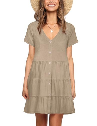 Image of Nova In Sky Women's Summer Dresses 2026 Short Sleeve V-Neck Casual Loose Swing Button Down Casual T Shirt Dresses