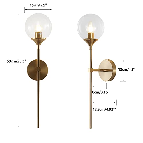 KCO Lighting Vanity Clear Bubble Glass Wall Lights Modern Globe Round Sconces Wall Lighting Brushed Brass Long Wall Sconce Mid Century Bar Bathroom Wall Lamp (Clear)