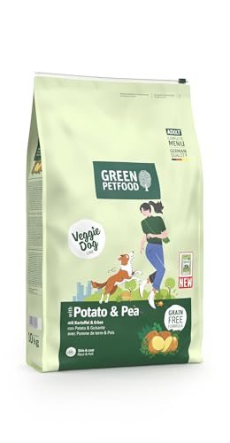 Green Petfood VeggieDog con patata e pisello (1 x 10 kg), per adulti, cibo secco di alta qualità per cani sensibili adulti, vegetariani e senza frumento, con deliziosa pasta di patata dolce