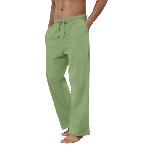 Puimentiua Cotton Linen Pants Men Casual Loose Fit Elastic Drawstring Waist Summer Beach Pants
