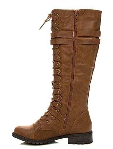 Wild Diva Timberly Women's Fashion Lace Up Buckle Knee High Combat Boots