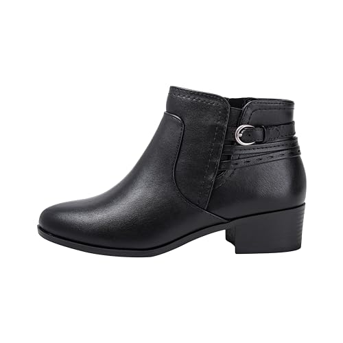 Women's Ankle Booties – Low Block Heel Side Zip Boot with Buckle Strap – Stylish Comfortable Slip-On Short Boots - DIXIE