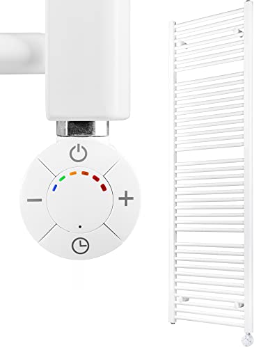HEATSUPPLY Handtuchheizkörper elektrisch weiß 1.662 x 400mm Badheizkörper elektrisch mit Thermostat inkl. 900 Watt Heizstab No. 2 mit Timer