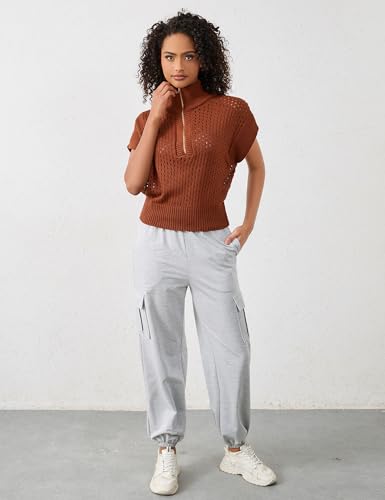 Image of Womens Spring Cap Sleeve Crochet Sweaters Loose Fit Quarter Zip Lightweight Hollow Out Beach Vacations Clothes