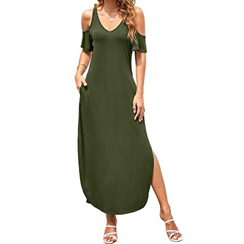 HUSKARY Women's Summer Maxi Dresses V Neck Cold Shoulder Short Sleeve Casual Loose Long Split Dress with Pocket Large Army Green