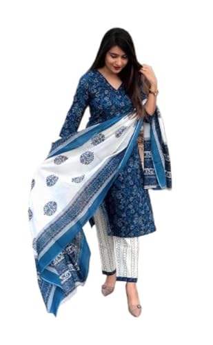 KLOSIA Women Rayon Indigo Color Floral Printed Kurta Palazzo Set With Dupatta