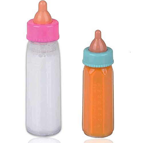 4E's Novelty 2 Baby Doll Bottles, Magic Doll Disappearing Milk and Juice - Baby Doll Accessories Toys for Kids & Toddlers, Great Gift for Little Girls Ages 3 4 5 6 7
