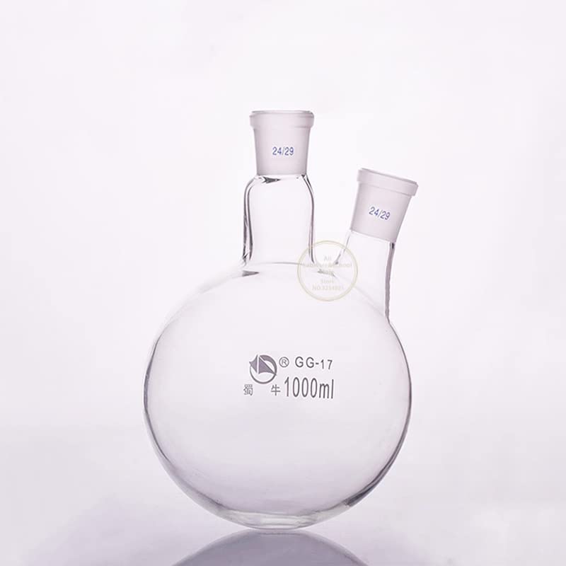 Frasco de vidrio para laboratorio, Matraz de destilación de vidrio de laboratorio de fondo redondo de doble cuello, inclinado/recto, de 50 ml a 2000 ml, 1 unidad(500ml 24x24)