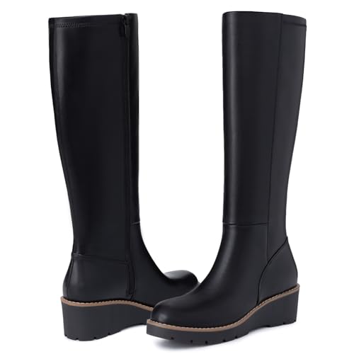 Athlefit Women's Knee High Boots Wedge Platform Comfortable Tall Long Boots with Side Zipper4
