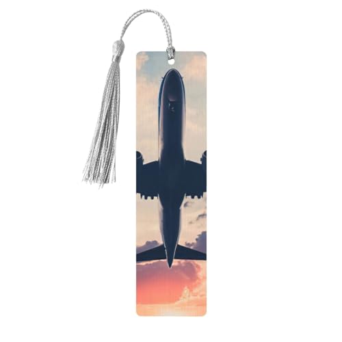 飛行機 サンセット スカイプリント タッセル付き木製しおり 読書ページマーカー ブックマーク 男性/女性へのギフトに